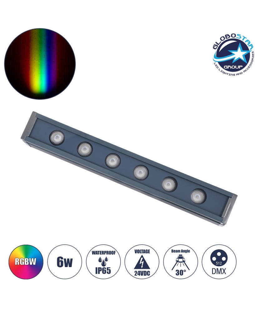 GLOBOSTAR® WASHERVAIA 90184 Μπάρα Φωτισμού Wall Washer LED 6W 510lm 30° DC 24V Αδιάβροχο IP65 Πολύχρωμο RGBW Dimmable DMX512 - Bridgelux SMD Chip - Γκρι Ανθρακί - Μ30 x Π4 x Υ5cm - 3 Χρόνια Εγγύηση